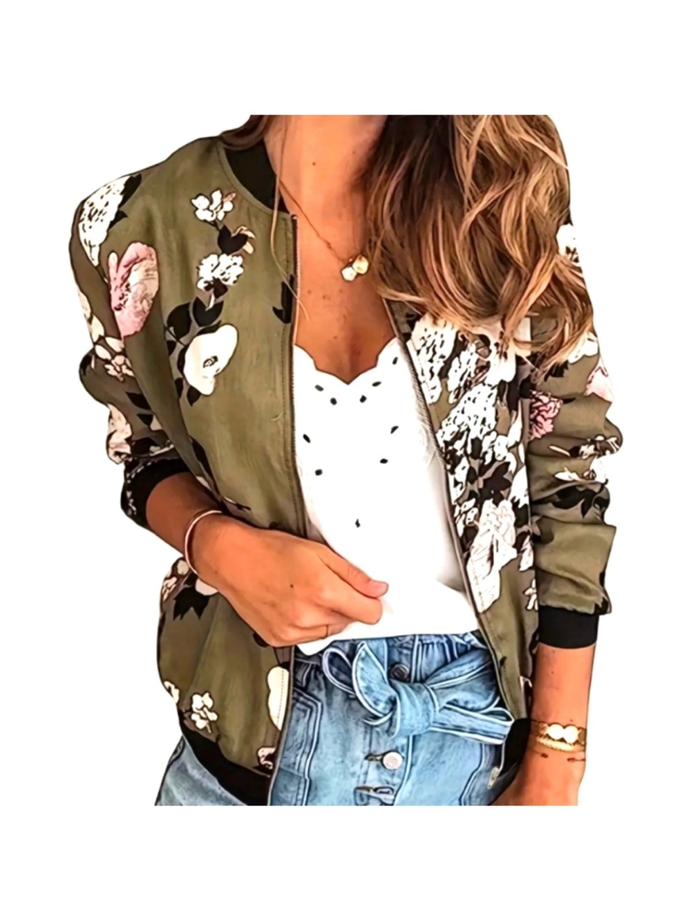 NWT Lightweight Olive, Floral Bomber Jacket for Women